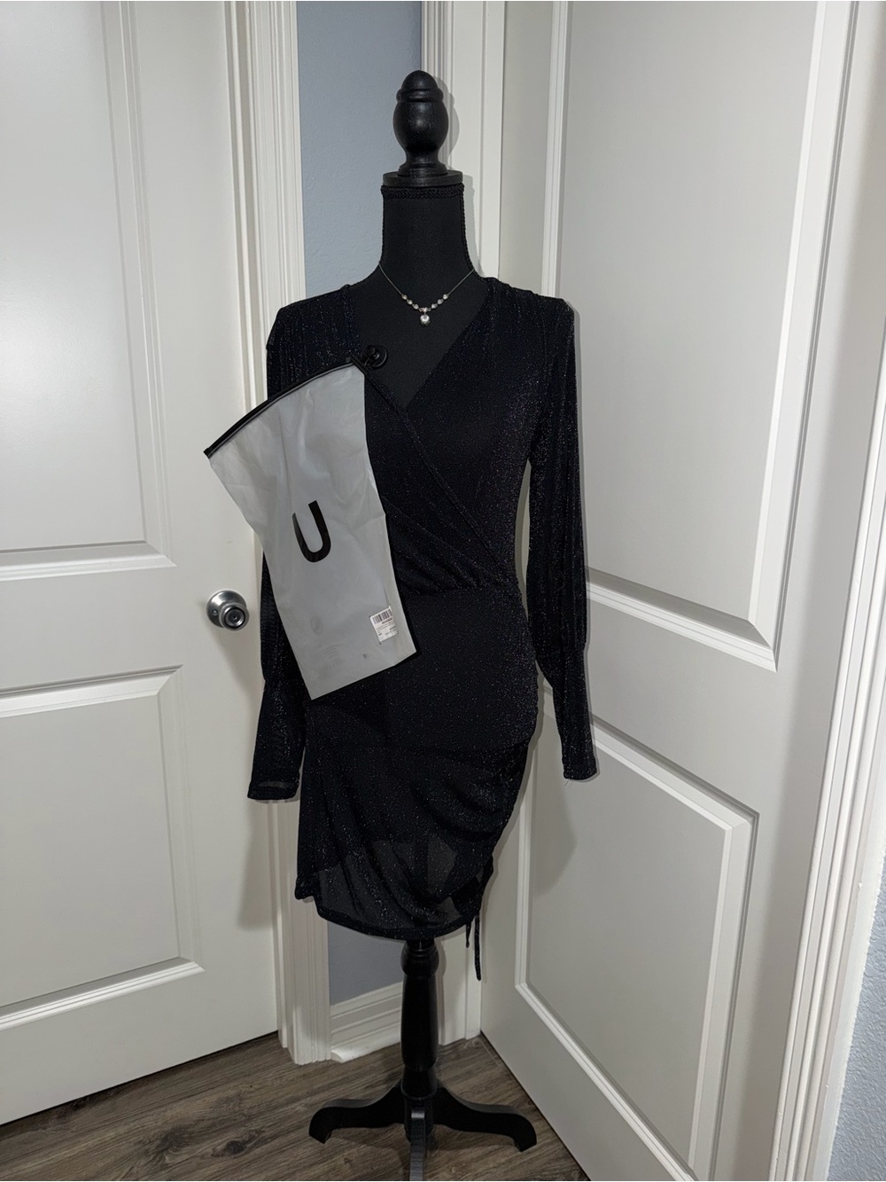 Black Long-Sleeve Wrap Mini Dress with Subtle Shimmer size medium